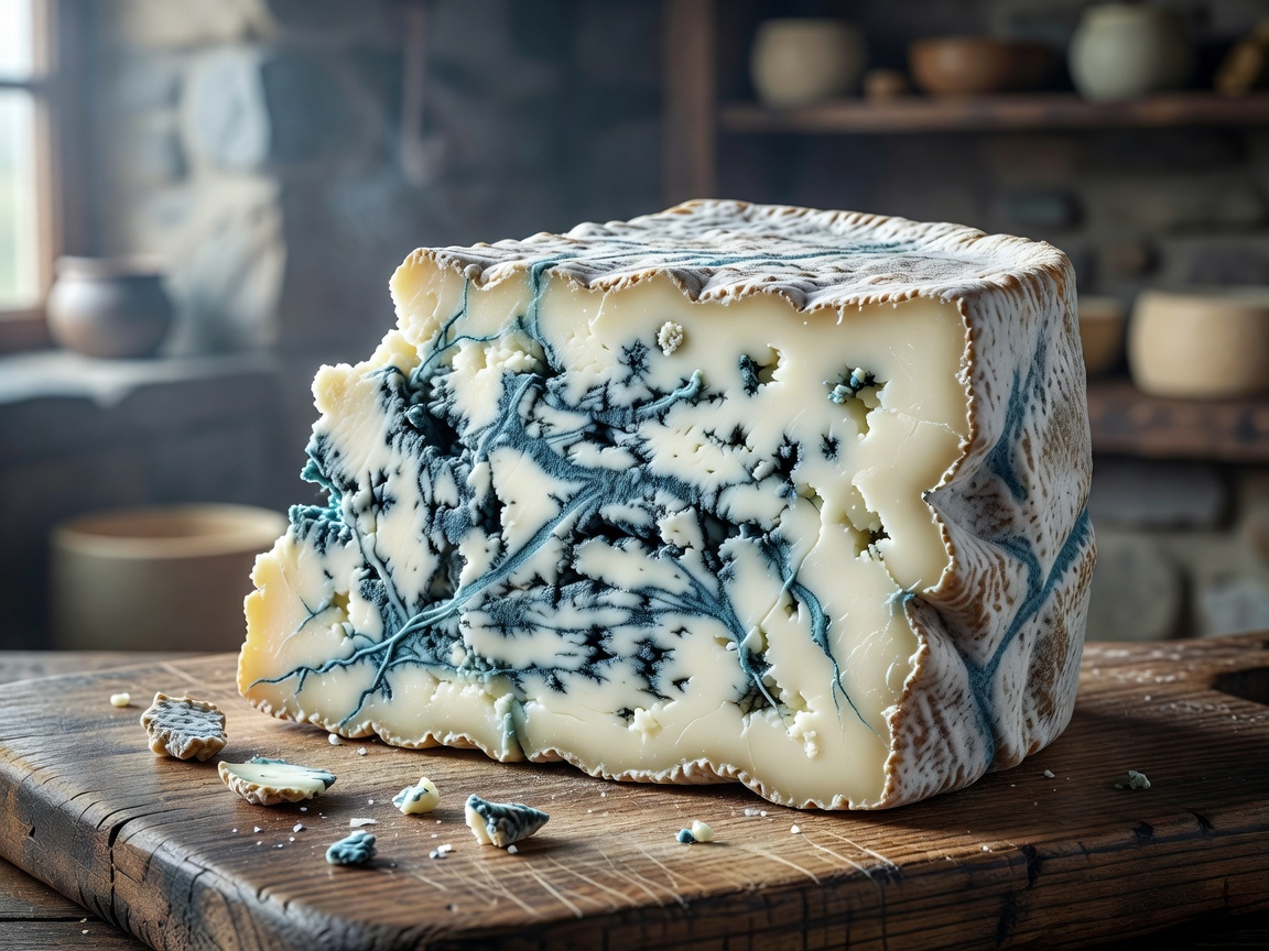 Artisan Irish blue cheese wedge showing delicate marbling