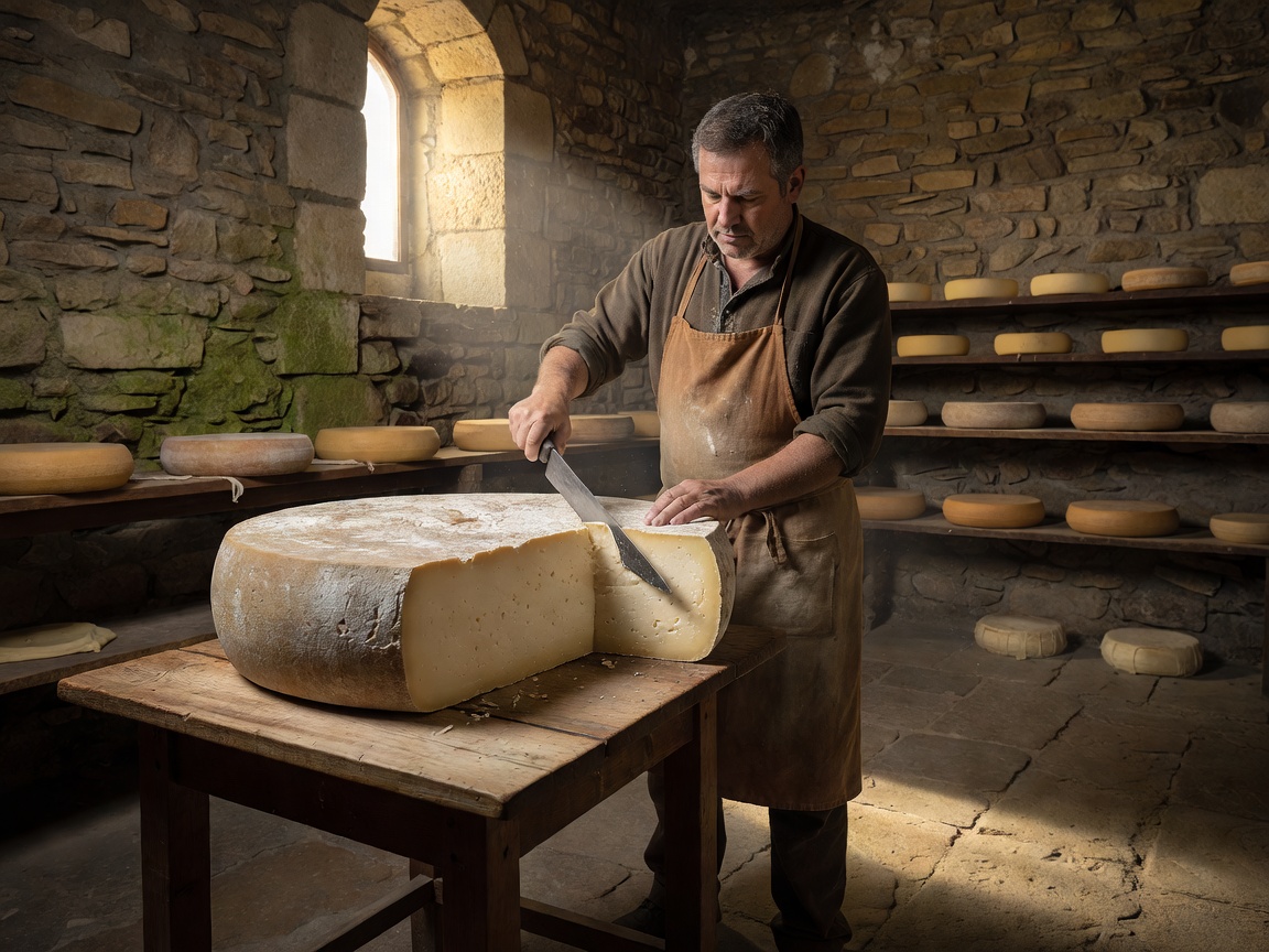 Artisanal cheese wheel being sliced in an underground cellar setting