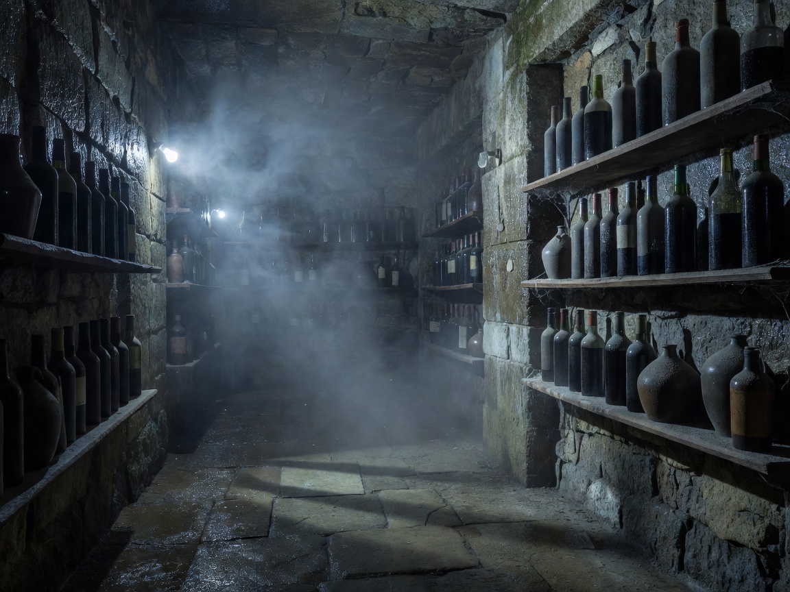 Atmospheric cool cellar lighting and air mist