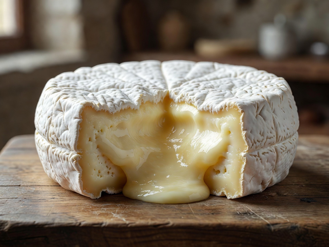 Bloomy soft ripened wheel showing molten creamline
