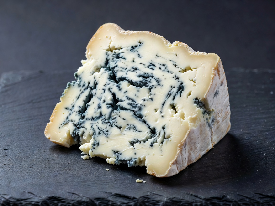 Blue veined cheese wedge cut open on dark slate surface