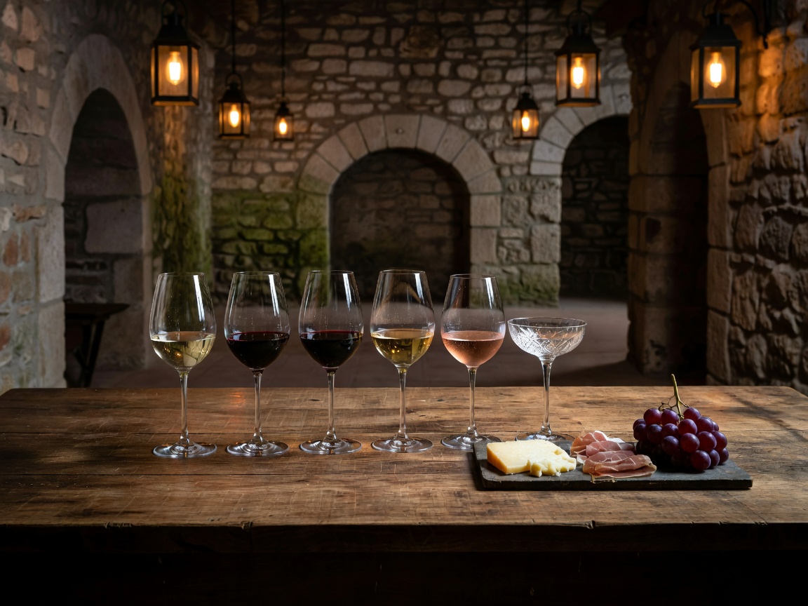 Tasting glasses and cheese flight boards in cellar