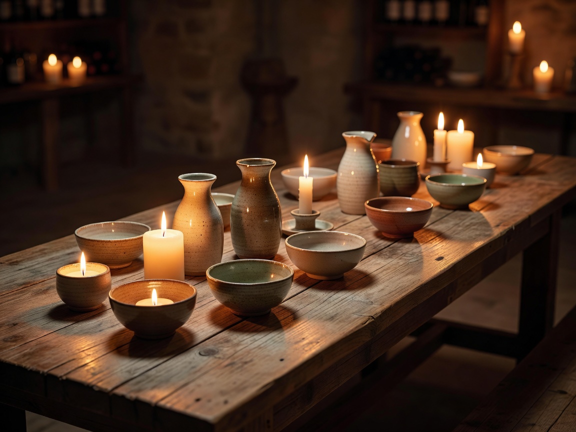 Ceramic tasting table arrangement with candlelight