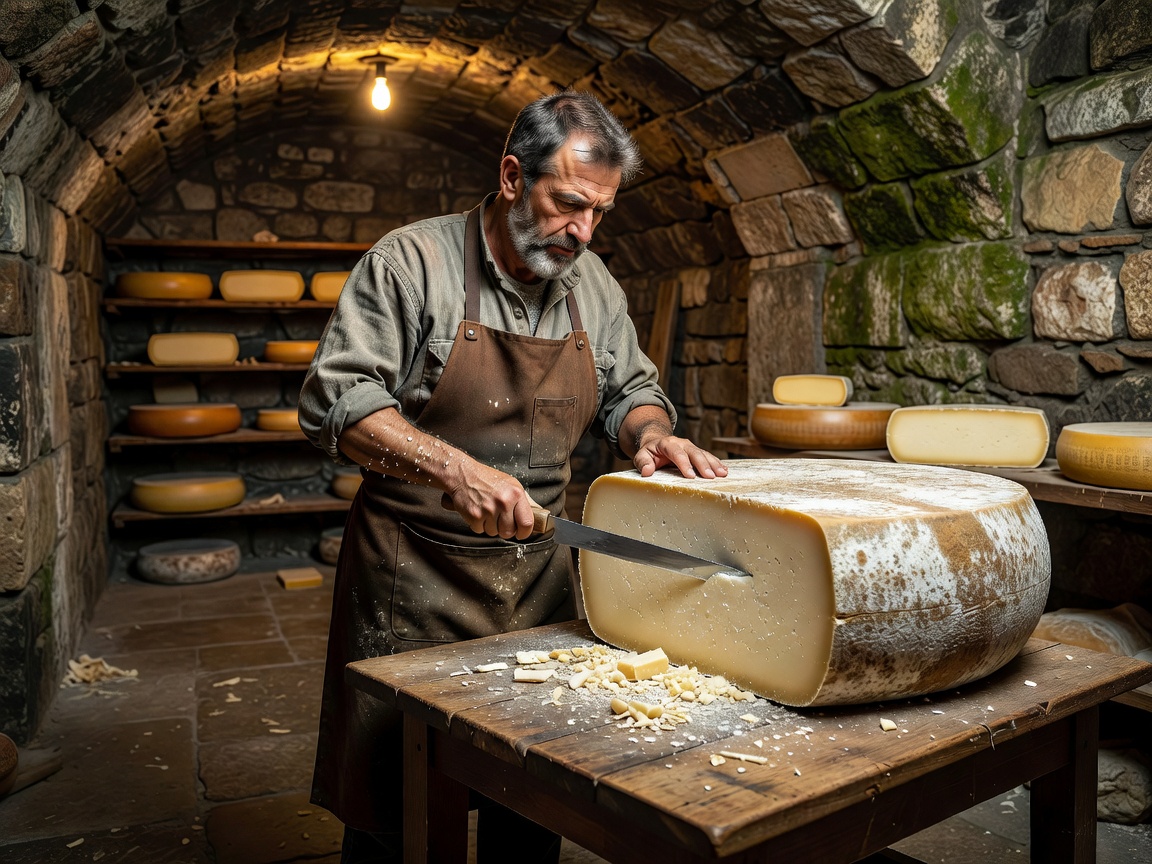Cheesemonger slicing artisanal cheese wheel in vault