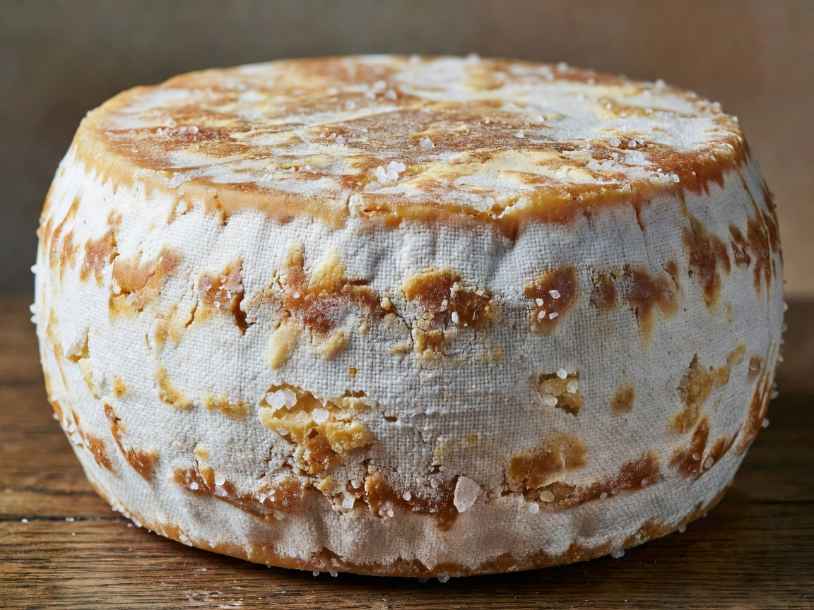 Close-up of clothbound mature cheddar wheel with tyrosine crystals