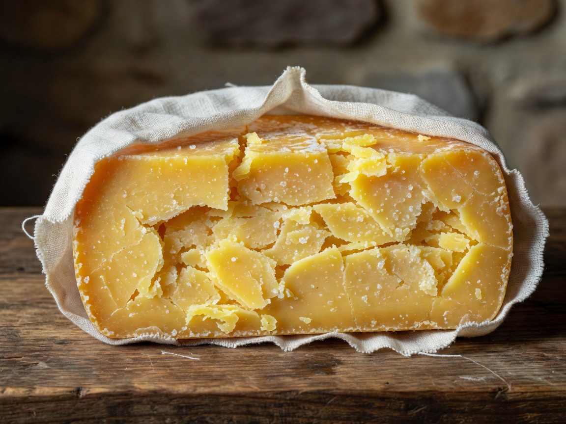 Clothbound Irish mature cheddar wedge with flaky crystalline texture
