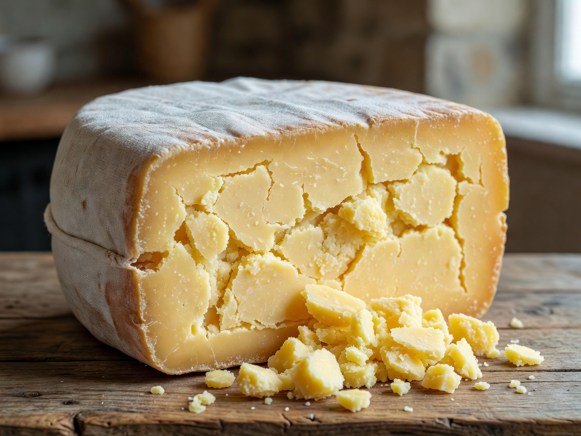 Clothbound mature cheddar cheese wedge with crumbly texture