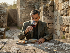 Contemplative solitary tasting session at limestone table