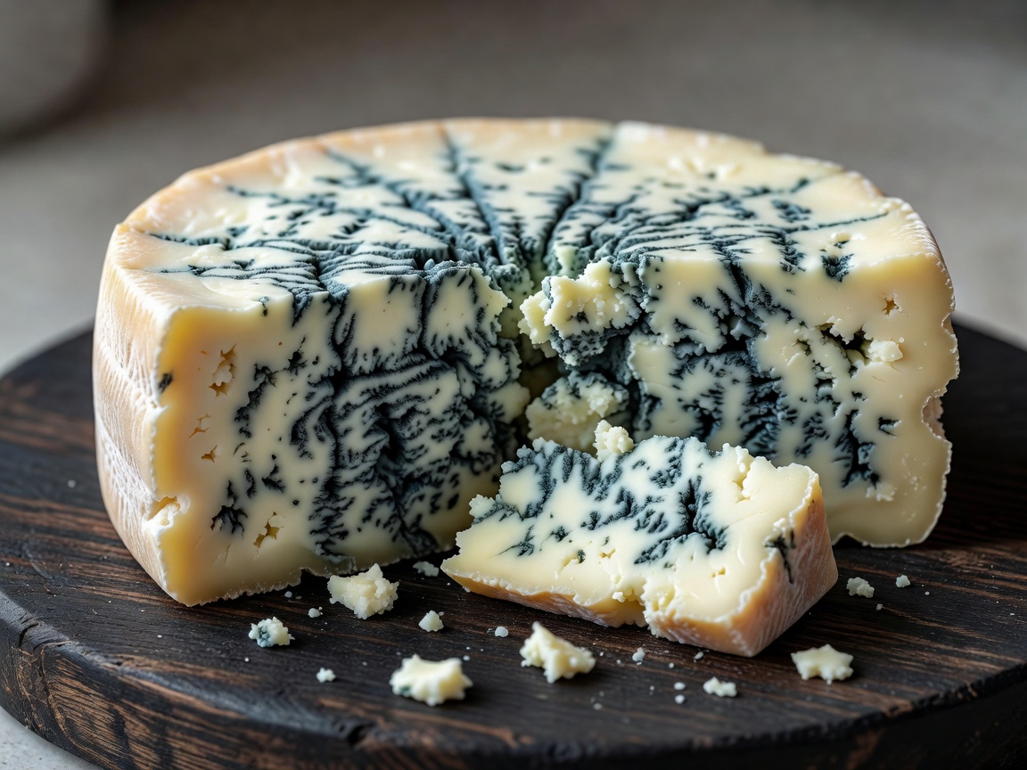 Creamy blue veined artisan cheese cut on dark board