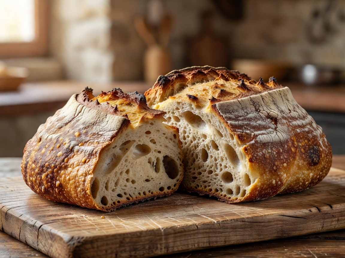 Crusty artisan sourdough loaf sliced on wood
