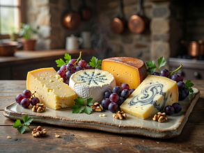 Flight of Irish cheeses laid out on ceramic slab