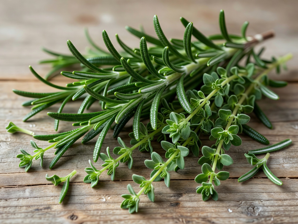 Fresh botanical rosemary and thyme herbs