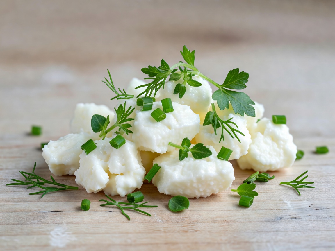 Fresh delicate white cheese curd decorated with fresh herbs