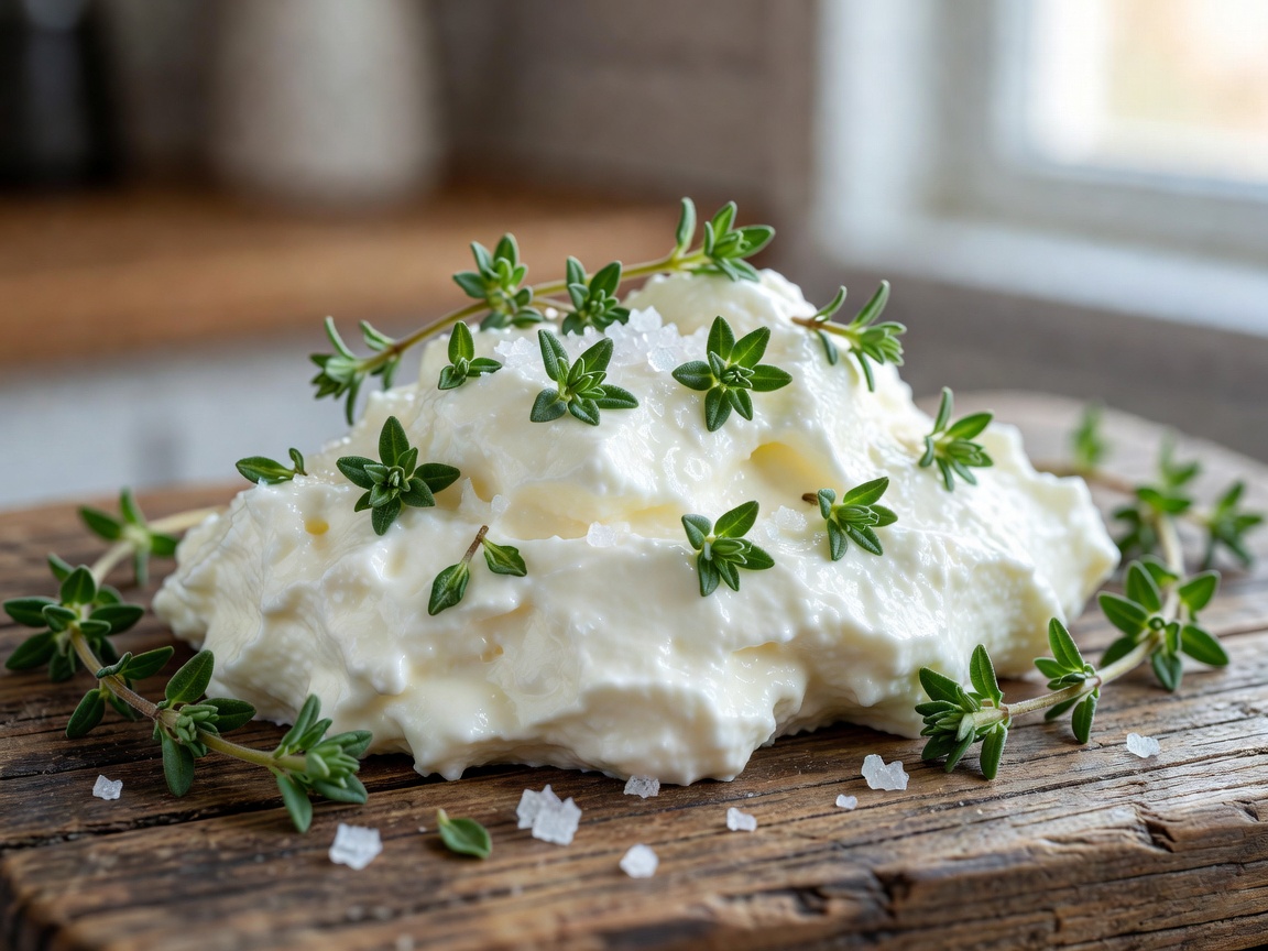 Fresh lactic curd cheese decorated with pasture thyme and sea salt