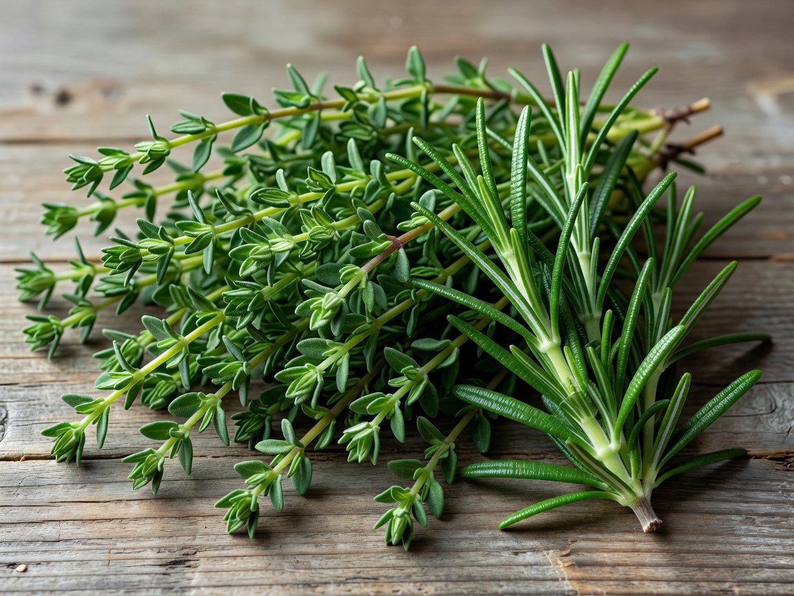Fresh sprigs of thyme and rosemary botanical herbs