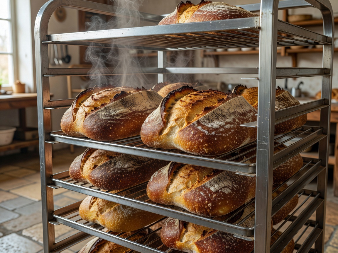 Fresh stoneground sourdough bread loaves cooling on baker rack