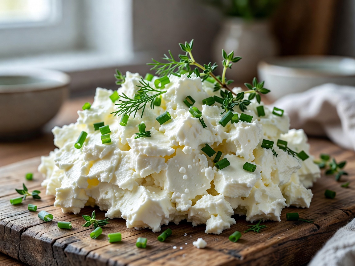 Fresh white curd cheese with delicate herbs