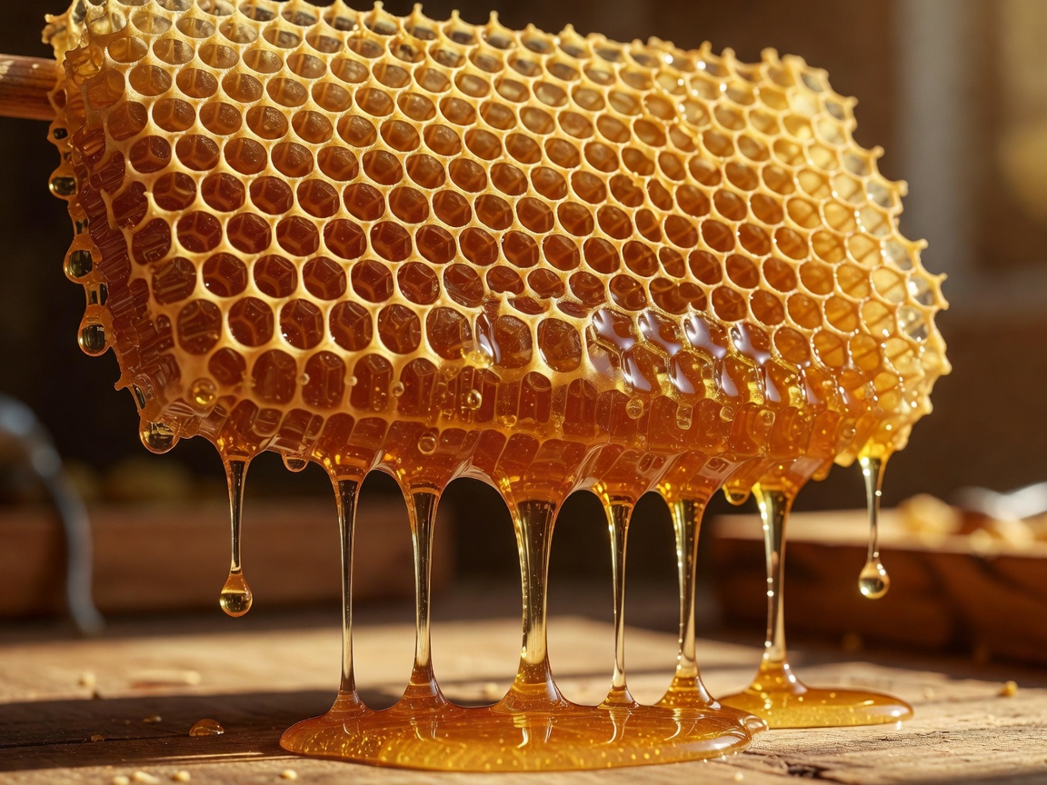 Golden raw honeycomb dripping with natural amber honey
