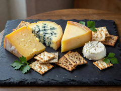 Irish cheese flight arranged on slate with artisanal crackers