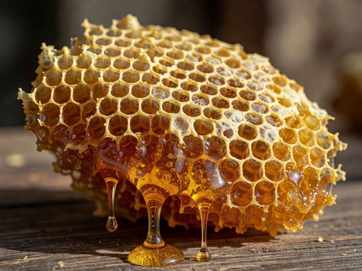 Raw golden honeycomb chunk with rich amber drip