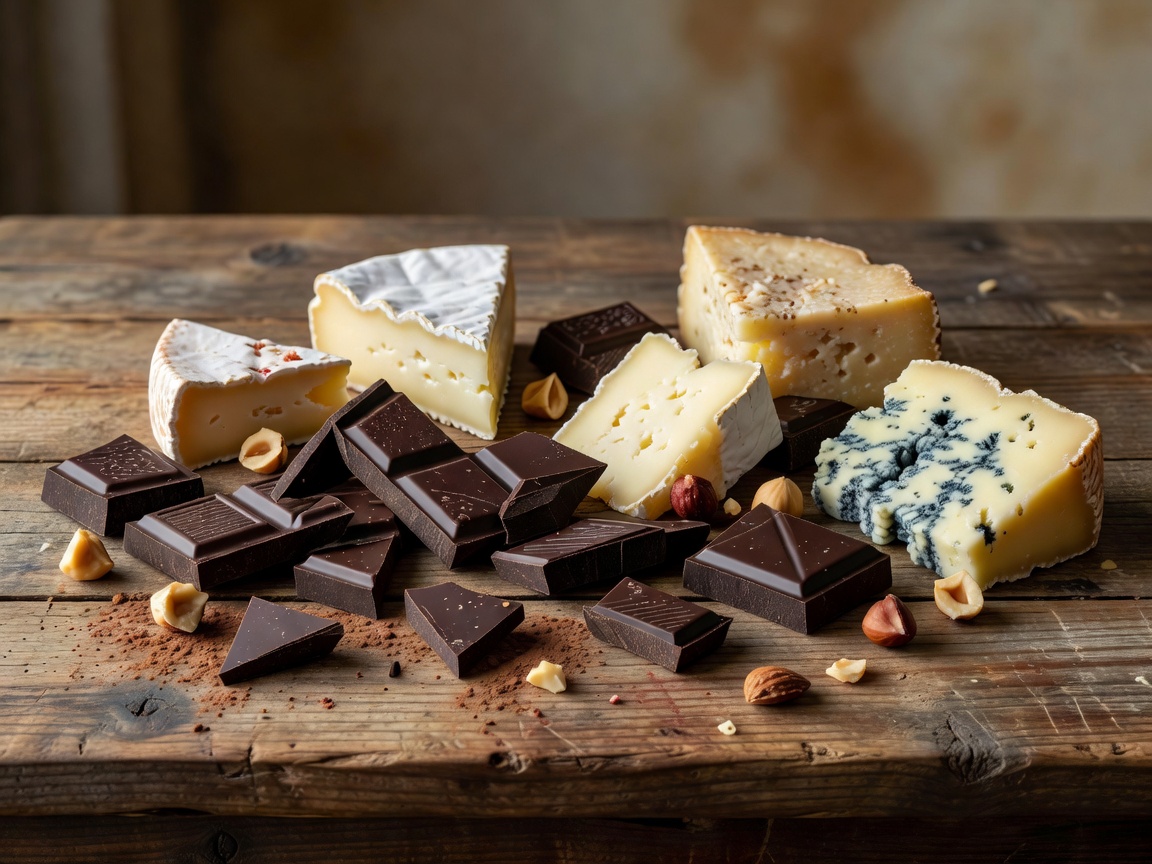 Shards of dark single origin chocolate for cheese tasting