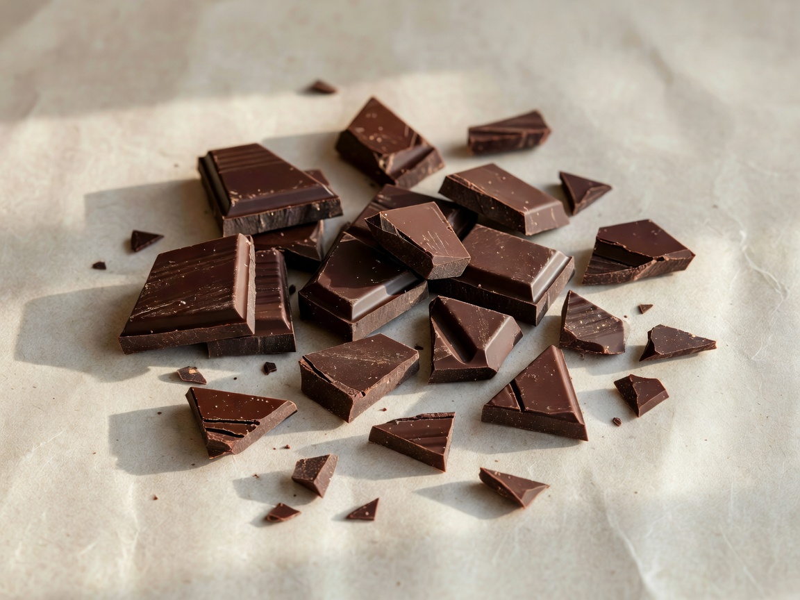 Shards of single origin dark chocolate on parchment