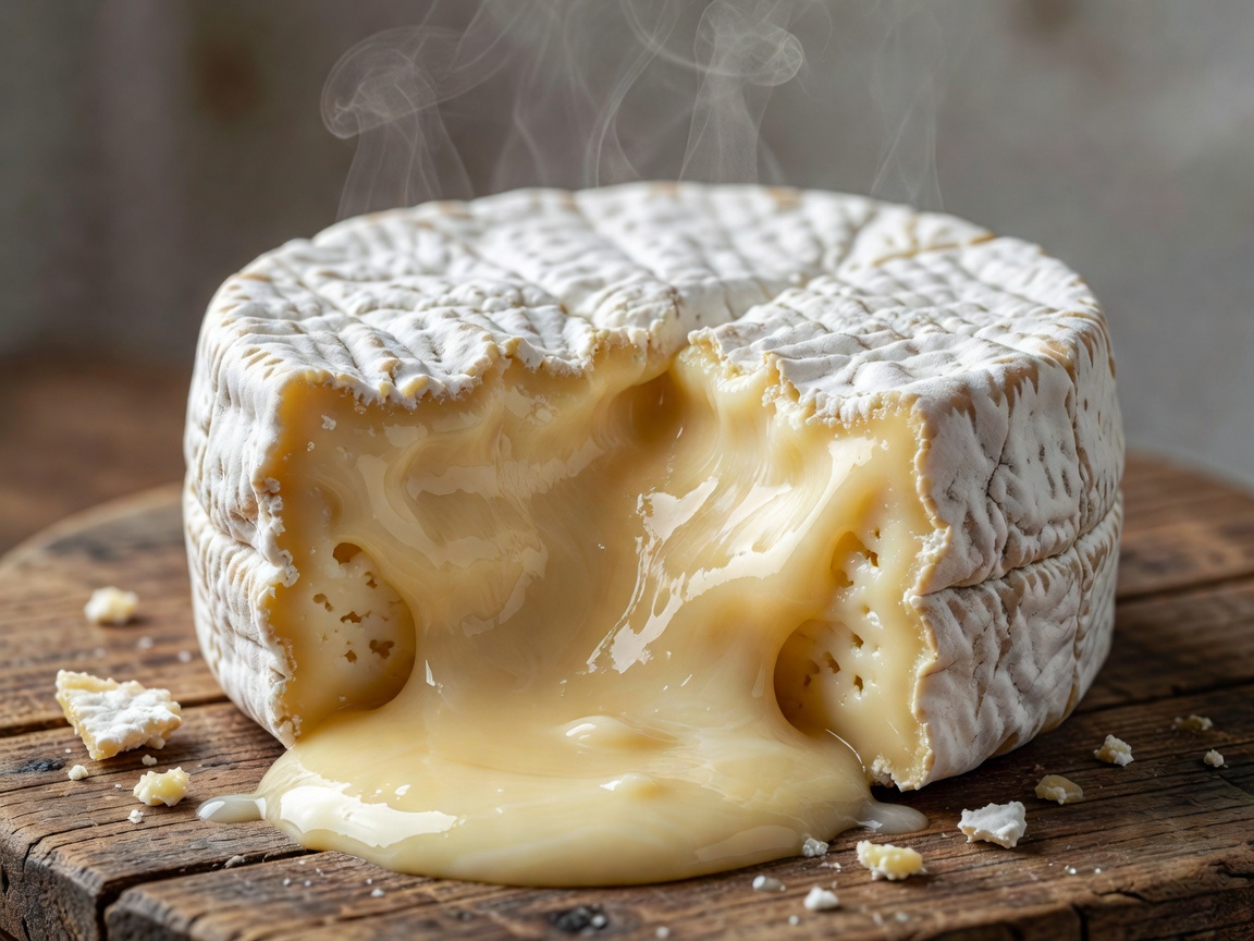 Soft ripened cheese wheel cut showing decadent molten interior