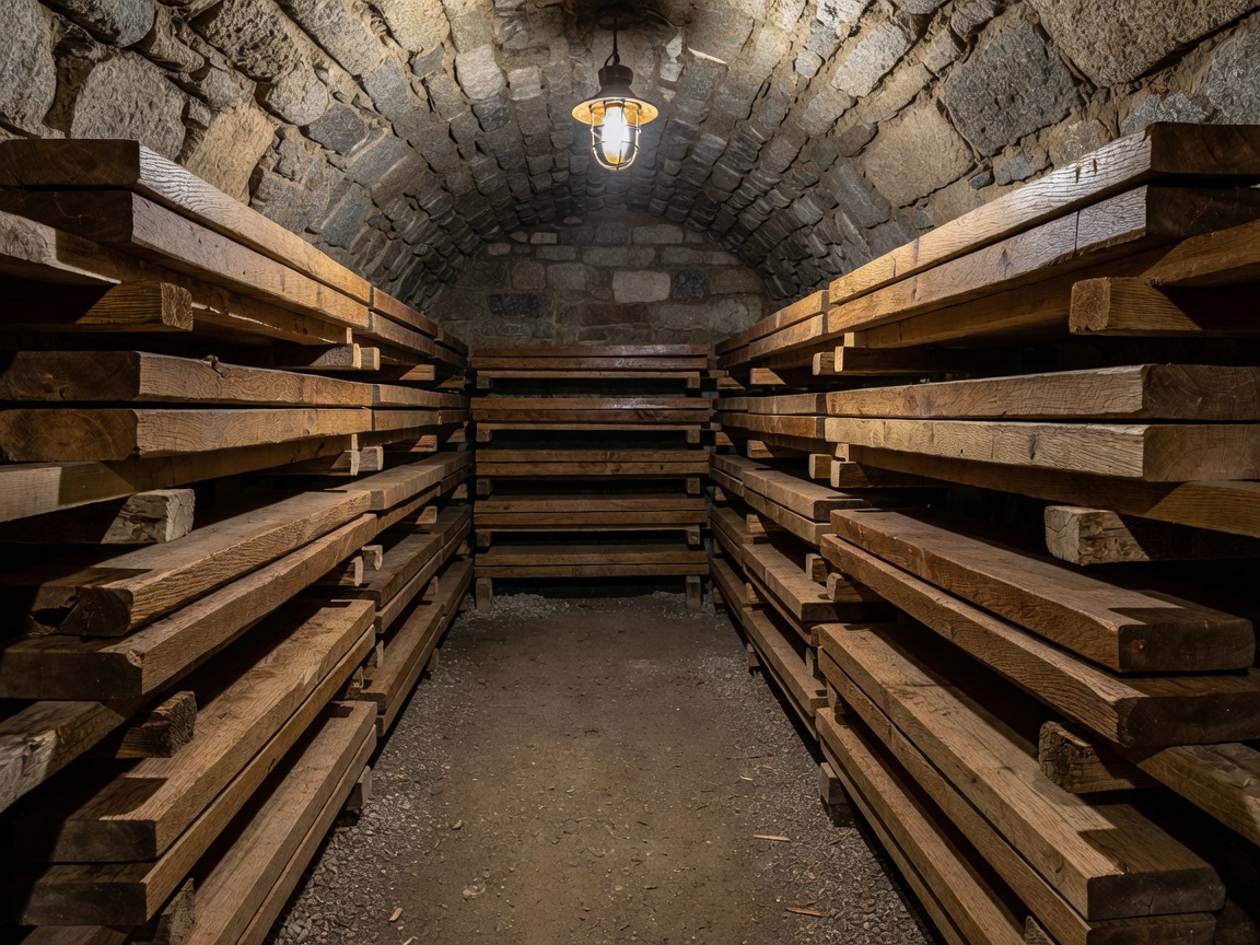 Aged natural oak timber shelving in a maturation vault