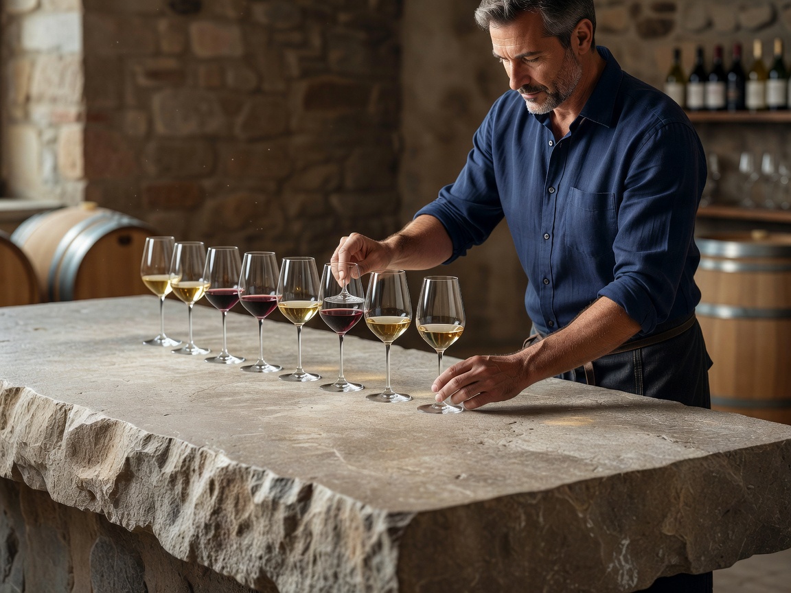 Cellar tasting table with cheese flight and glassware