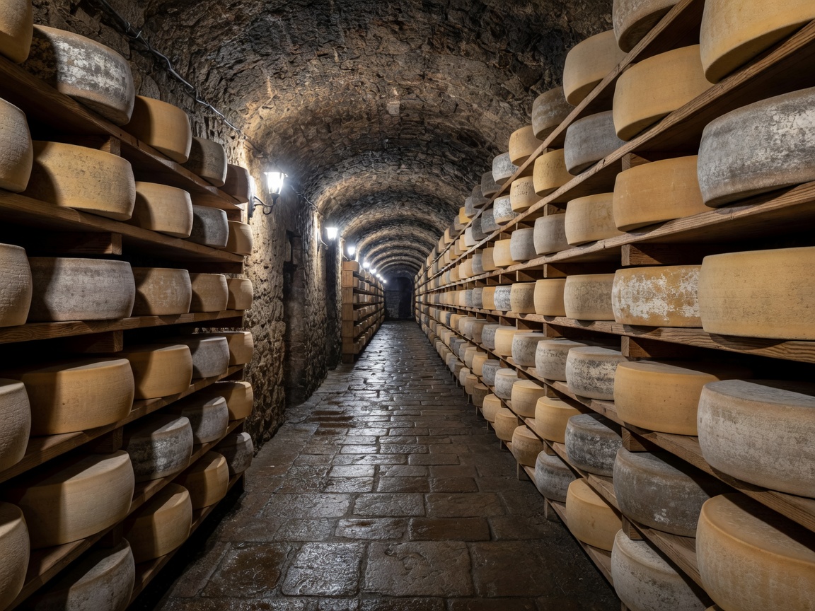 Cheese wheels maturing in dark subterranean cellar racks
