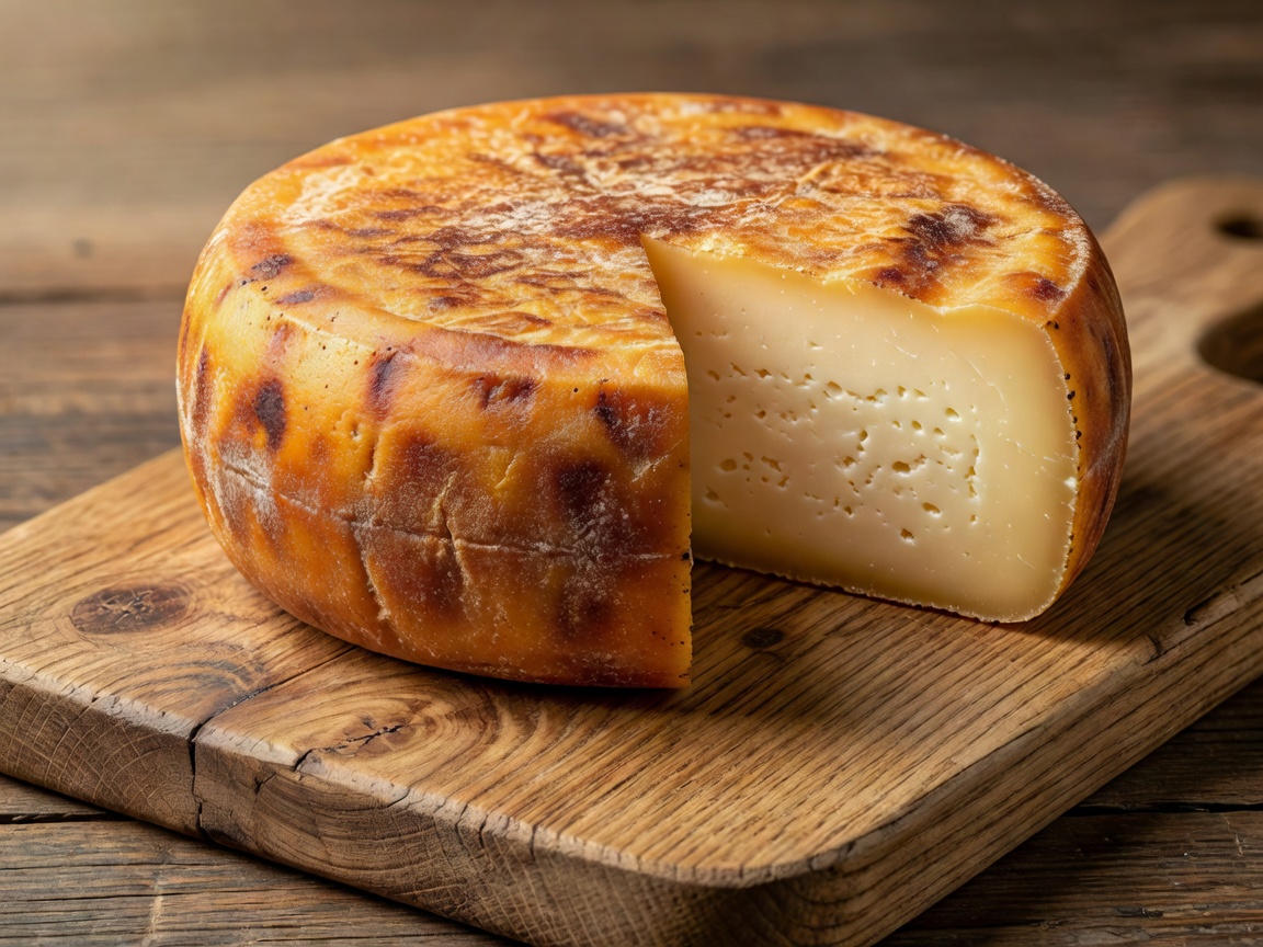 Tack-rubbed amber washed rind cheese on solid oak timber plank