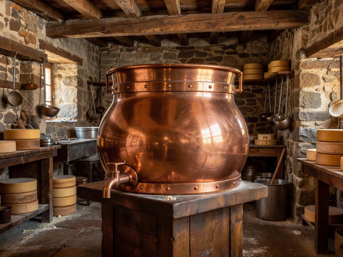 Warm polished solid copper cheesemaking vat fixture