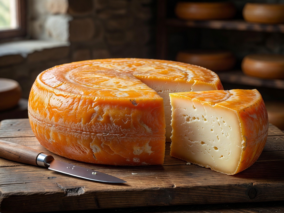 Washed rind cheese with orange amber exterior