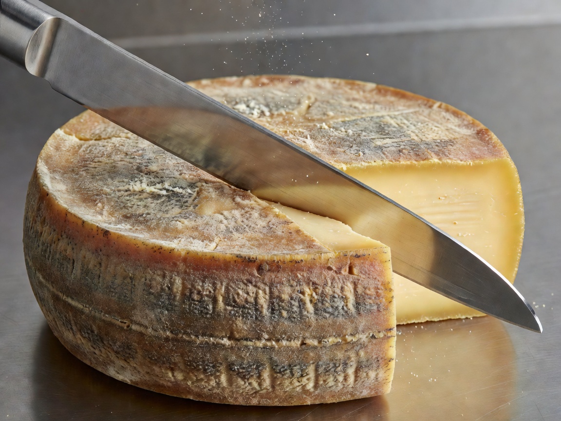 Wheel slicing close-up with stainless steel wire knife